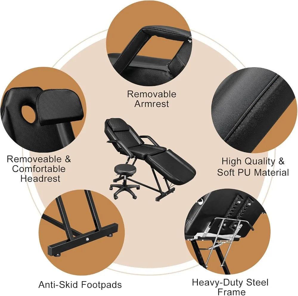 Hydraulic Adjustable 3-Section Salon Spa Massage Tattoo Chair Bed with Stool, Black Beauty Equipment