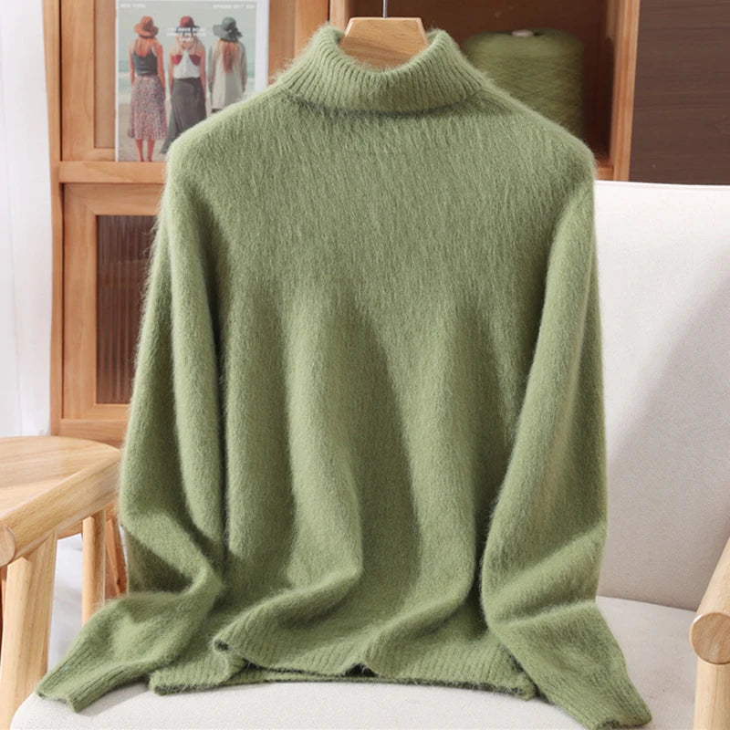 Autumn And Winter 100% Mink Cashmere Sweater, Ladies' High Lapel Solid Color Padded Pullover Wool Knitted Bottoming Shirt