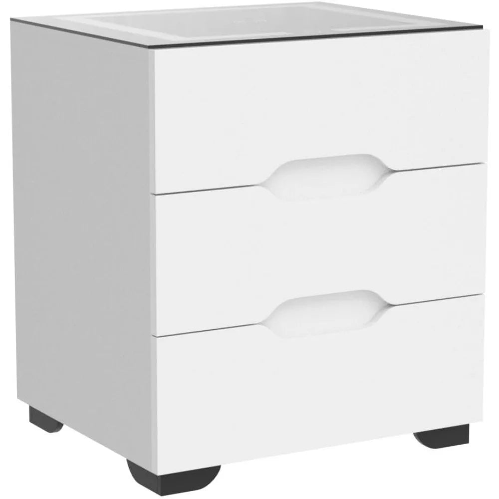 White Smart Nightstand with Wireless Charging Station & Adjustable LED Lights, High Gloss End Table with 3 Drawers & USB Charging
