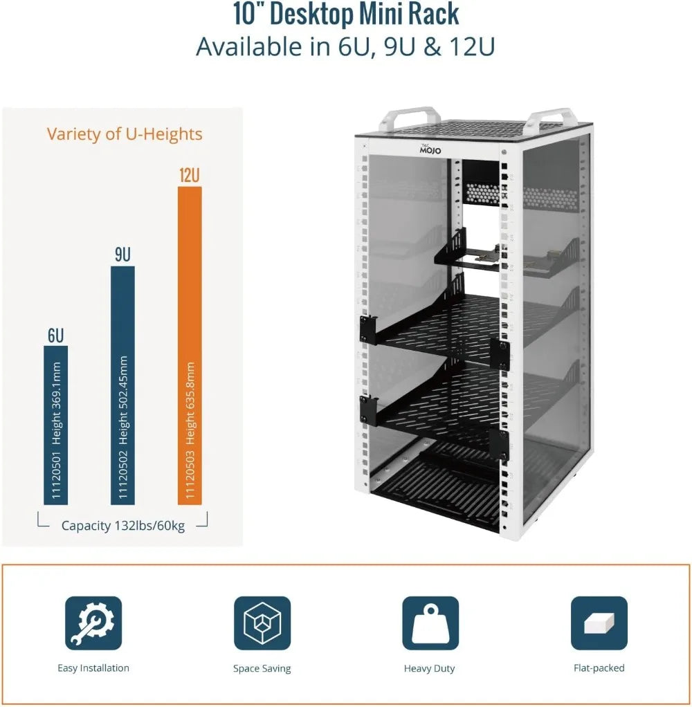 12U Mini Server Rack, 10 Inch Deep with Translucent Panels & Handles for IT Equipment & AV Devices, White