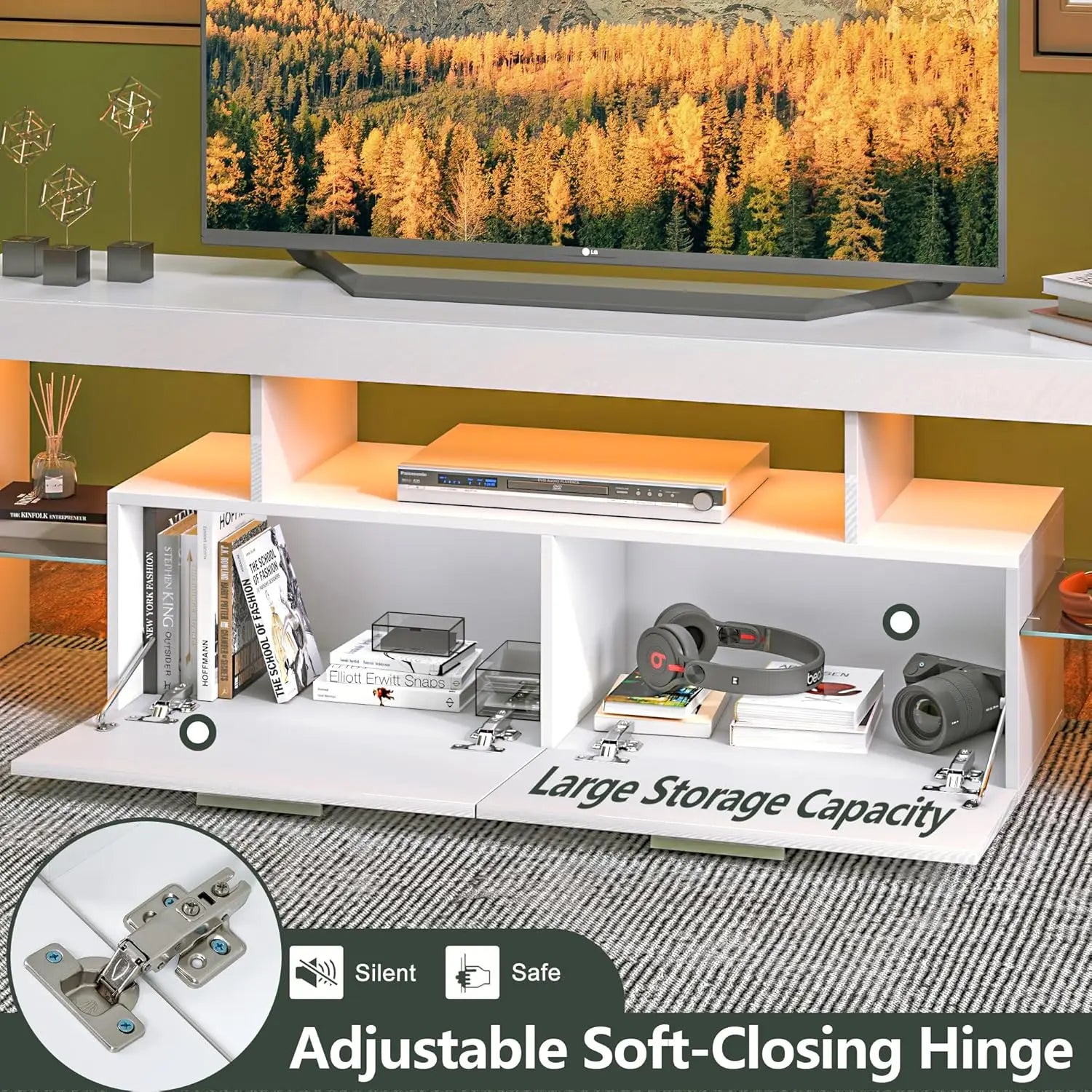 Modern LED 63" Long TV Stand With Large Storage Drawer For 50 55 60 65 70 75" TVs, White Wood TV Console
