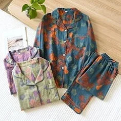 Spring and Autumn Women's Pajama Set 100%/ Cotton Crepe Long Sleeved Pants/ Two Piece/ Cute and Sweet Set Ladies