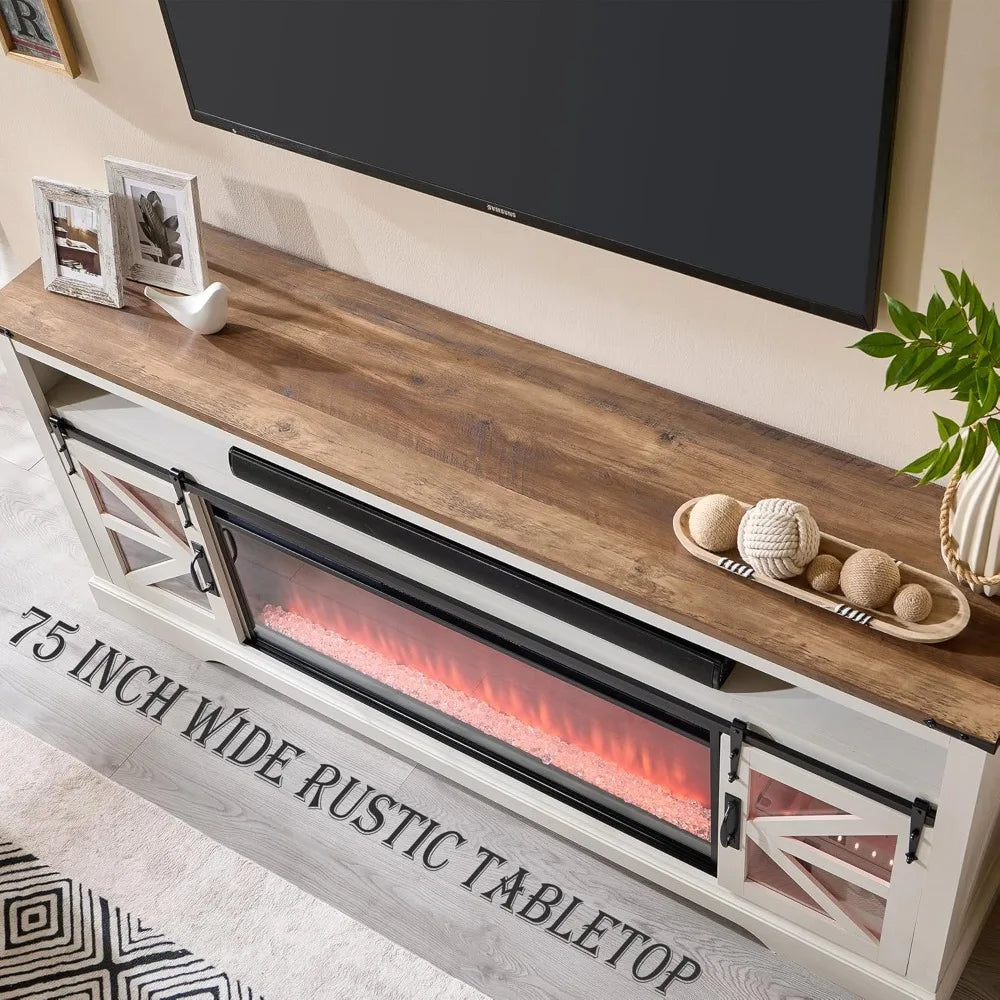 Fireplace TV Stand for 85" TV, 33" Tall Highboy Farmhouse Entertainment Center w/42'' Electric Fireplace & LED Light, Rustic