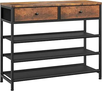 4-Tier Metal Shoe Rack with 2 Drawers and 3 Fabric Shelves for 12-15 Pairs Shoe Storage Organizer