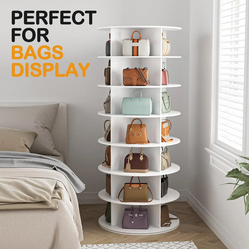 Rotating Shoe Rack Tower 7 Tier Organizer, Vertical Spinning Shoe Display/ Lazy Susan, Revolving 360 White Shoe Rack Storage