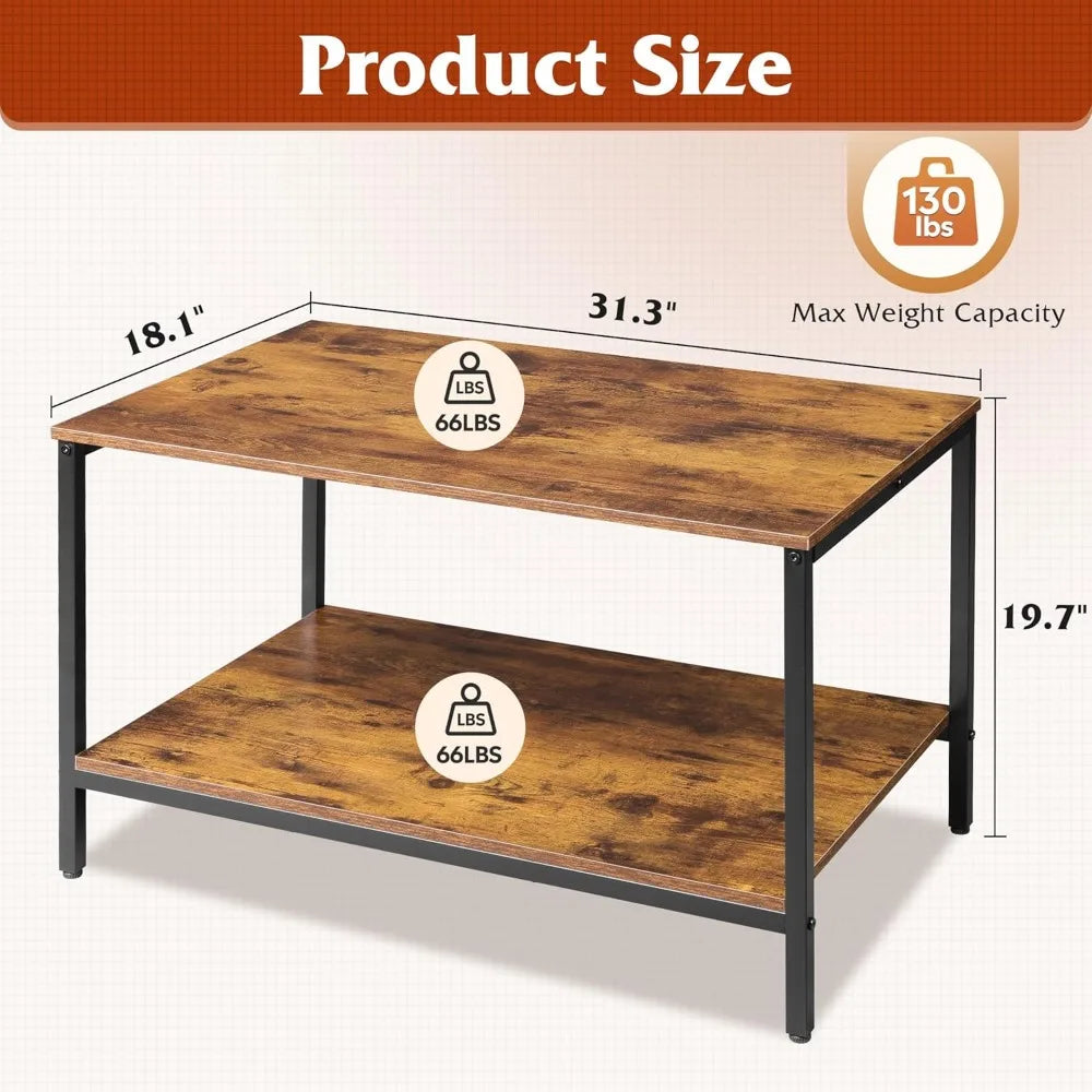 Modern Industrial Style Living Room Coffee Table with Storage Shelf and Metal Frame, 2-Tier Wooden Center