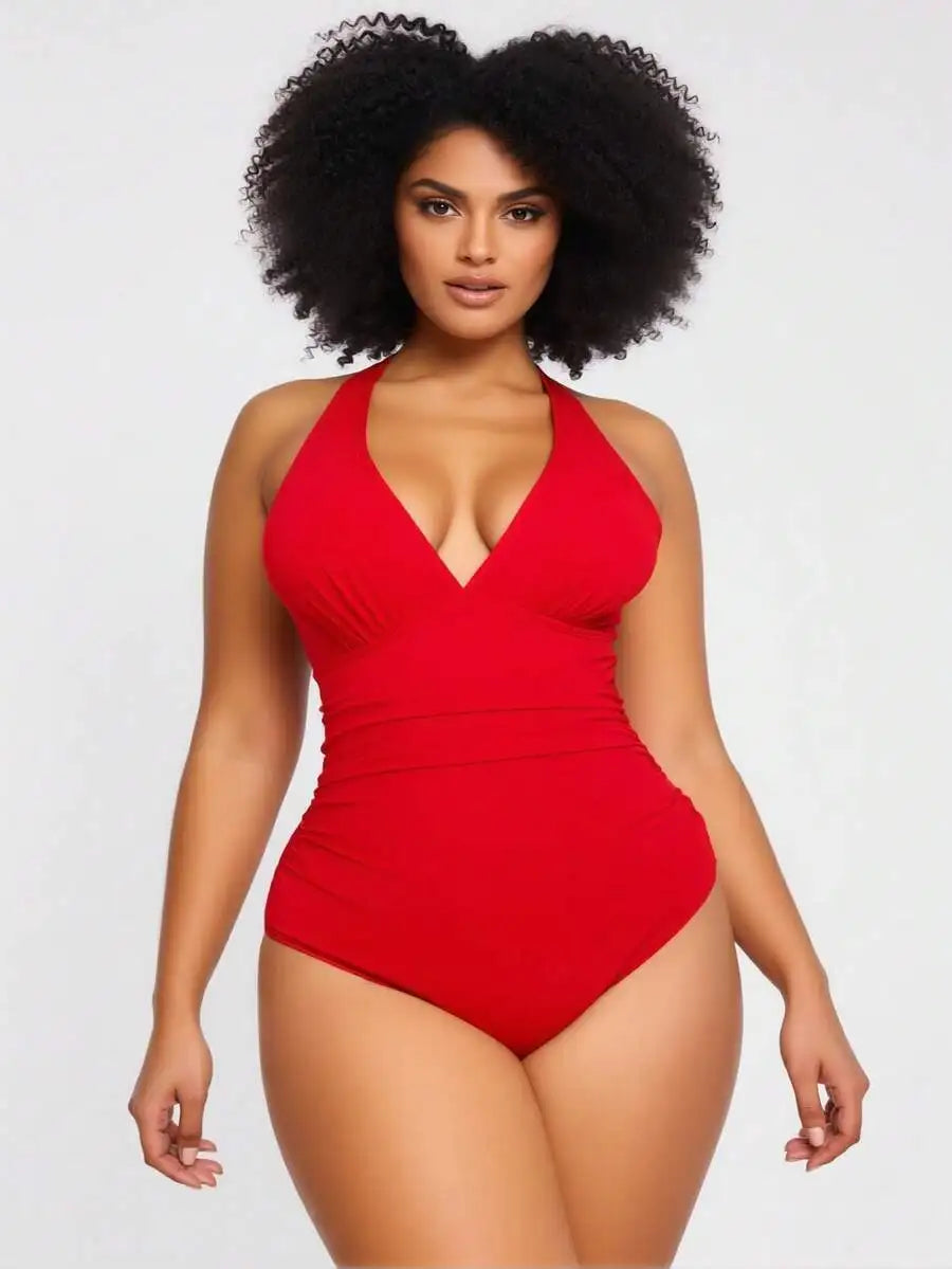 Womens Tummy Control Ruched V Neck One Piece Swimsuit Slimming Push Up Bathing Suit