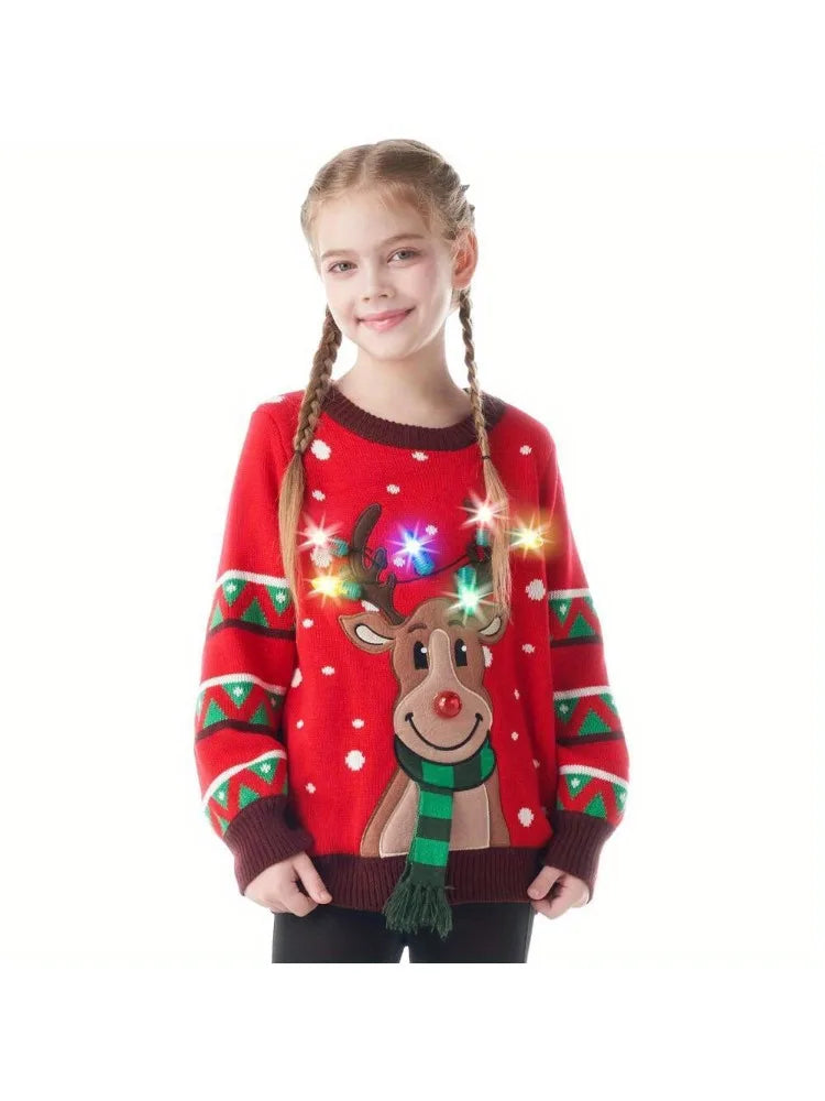 Kid's Christmas Ugly Sweater LED Light Up Reindeer Xmas Sweater Built-in Light Bulbs for Boys Girls (Red, Medium)