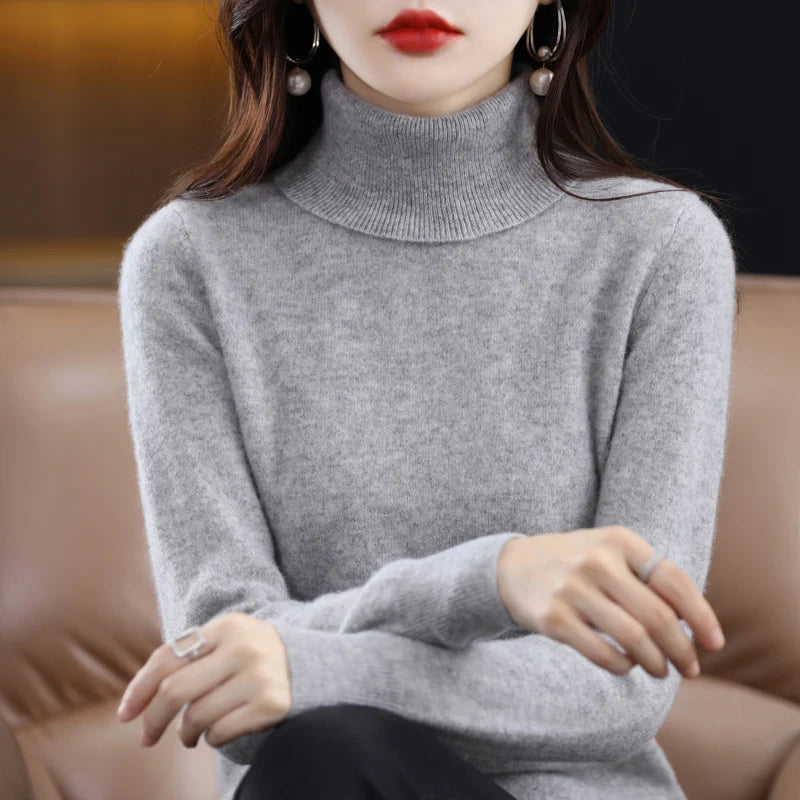100% Merino Wool Cashmere Sweater Women Knitted Sweater Turtleneck, Long Sleeve Pullovers Autumn/ Winter Clothing