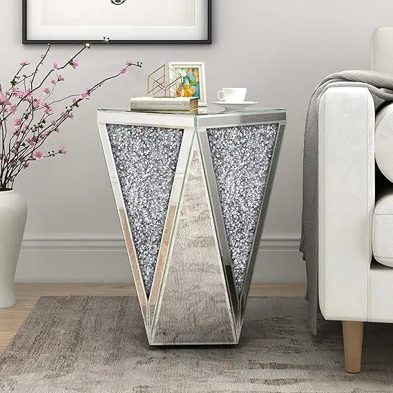 Silver Glass End Table with Crystal Accents for Hallway, Living Room, and Coffee Areas