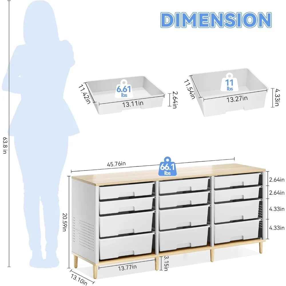 12-Drawer Storage Cabinet with Wooden Top for Home, Living Room, Bedroom, and Classroom Organization