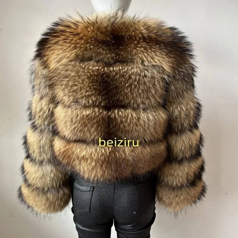 BEIZIRU Women's Real Raccoon Fur Coat Winter Long Sleeve Hooded Jacket with Turndown Collar/ Natural Luxury /Thick Top