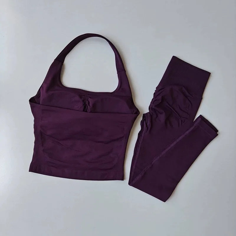 Yoga Pants High-Waisted Tummy-Control Hip-Lifting Sports Suit/ Women's Push-Up Shockproof Halter Neck Back-Slimming Fitness Set