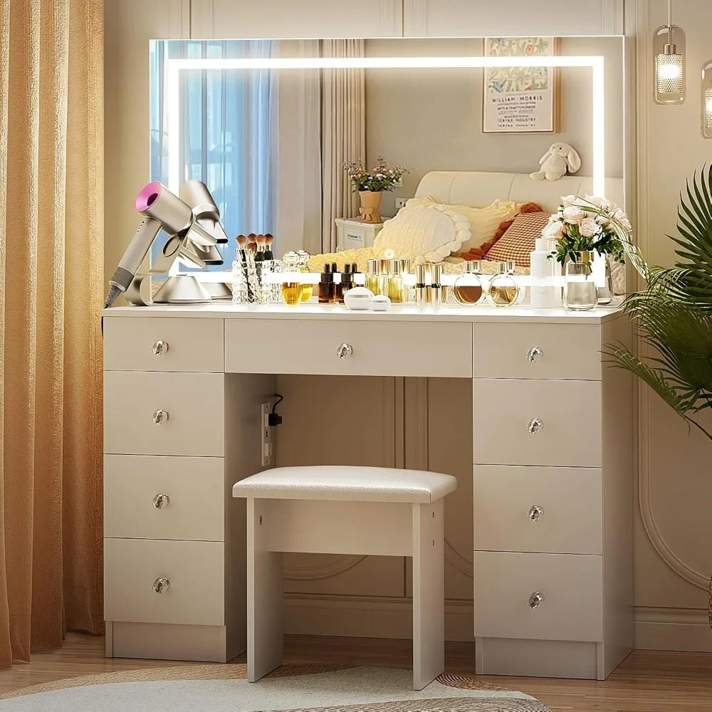 Illuminated Vanity Desk with Power Outlet, 9 drawers, 3-Color Light Modes, Adjustable Brightness, 43" tabletop