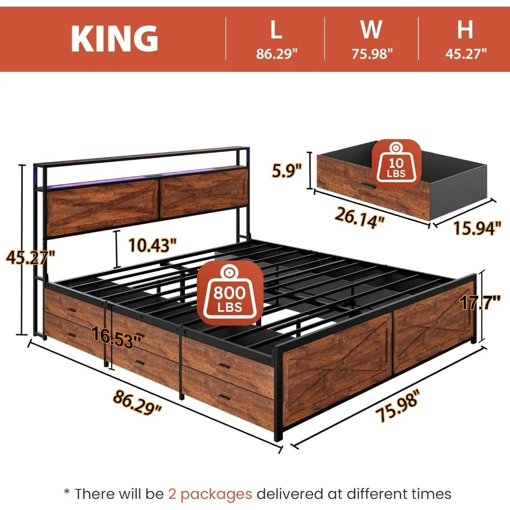 King Size Bed Frame with 12 Storage Drawers, LED Headboard, Charging Station, Metal Construction, No Box Spring Required, Quiet