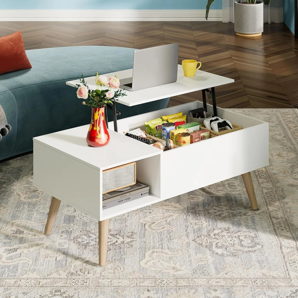 Lift Top Coffee Table with Storage, Small Rising Wooden Dining Center Table with Storage Shelf & Hidden Compartment, 39" White