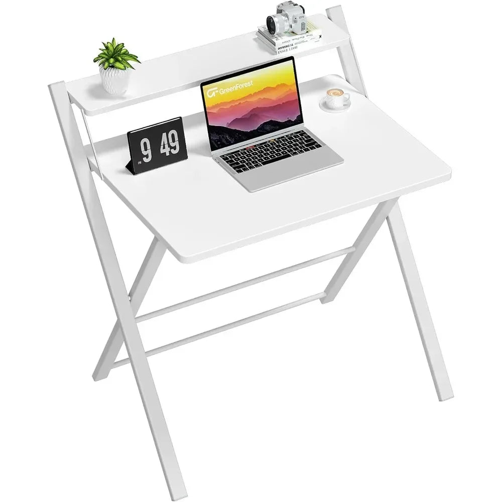Customizable-Folding Desk/ No Assembly Required/ Large Size 2-Tier Foldable Computer Desk With Shelf For Home Office, Space Saving