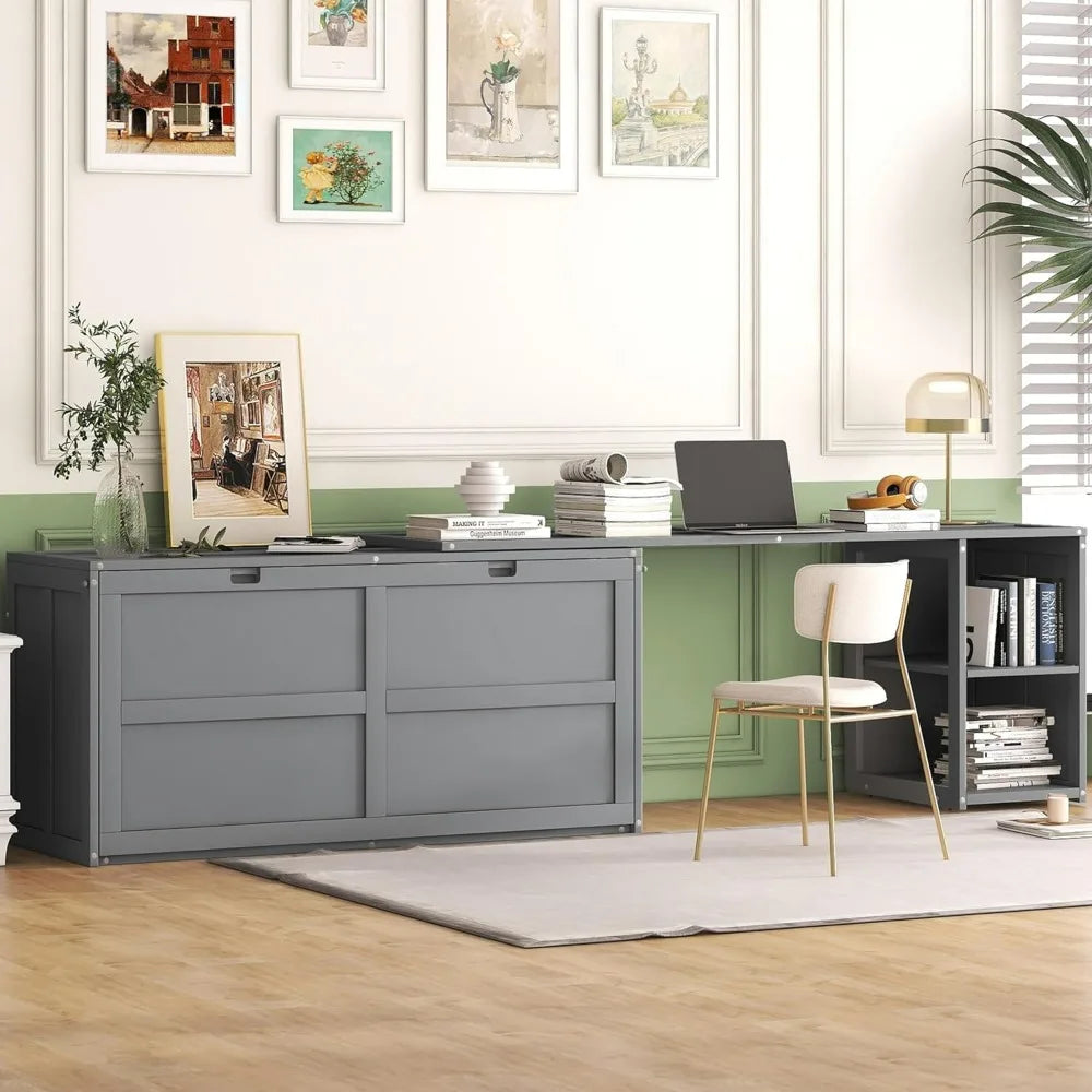 Queen Size Solid Wood Murphy Bed with 2 Storage Shelves and Rotatable Desk