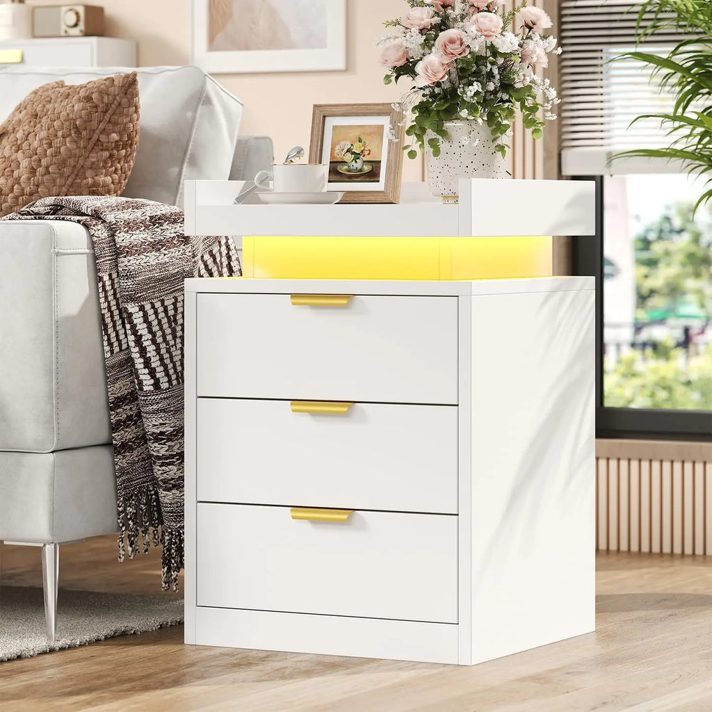 LED End Tables, Set of 2 with Charging Station USB Ports, 3-Drawer Table