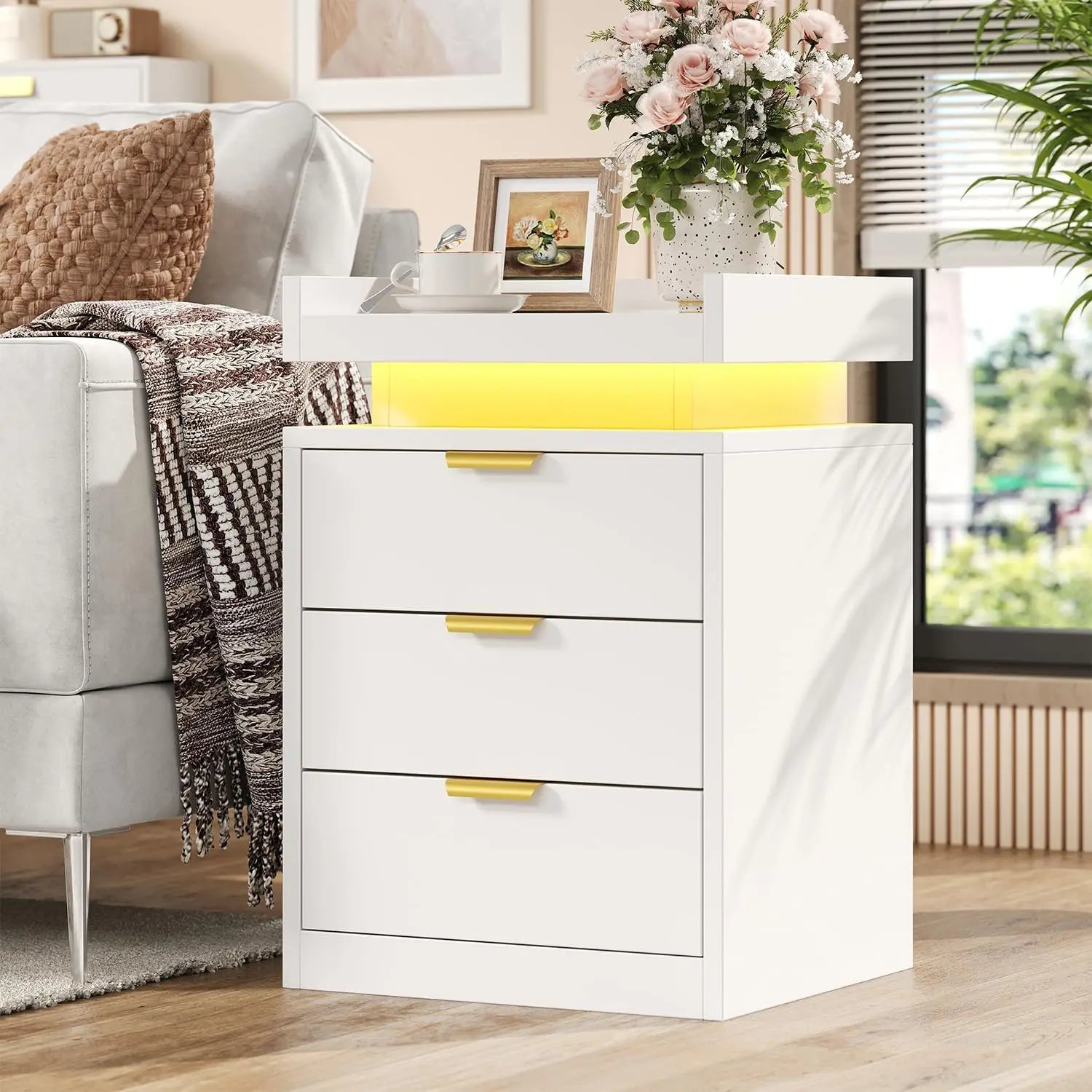 LED End Tables, Set of 2 with Charging Station USB Ports, 3-Drawer Table