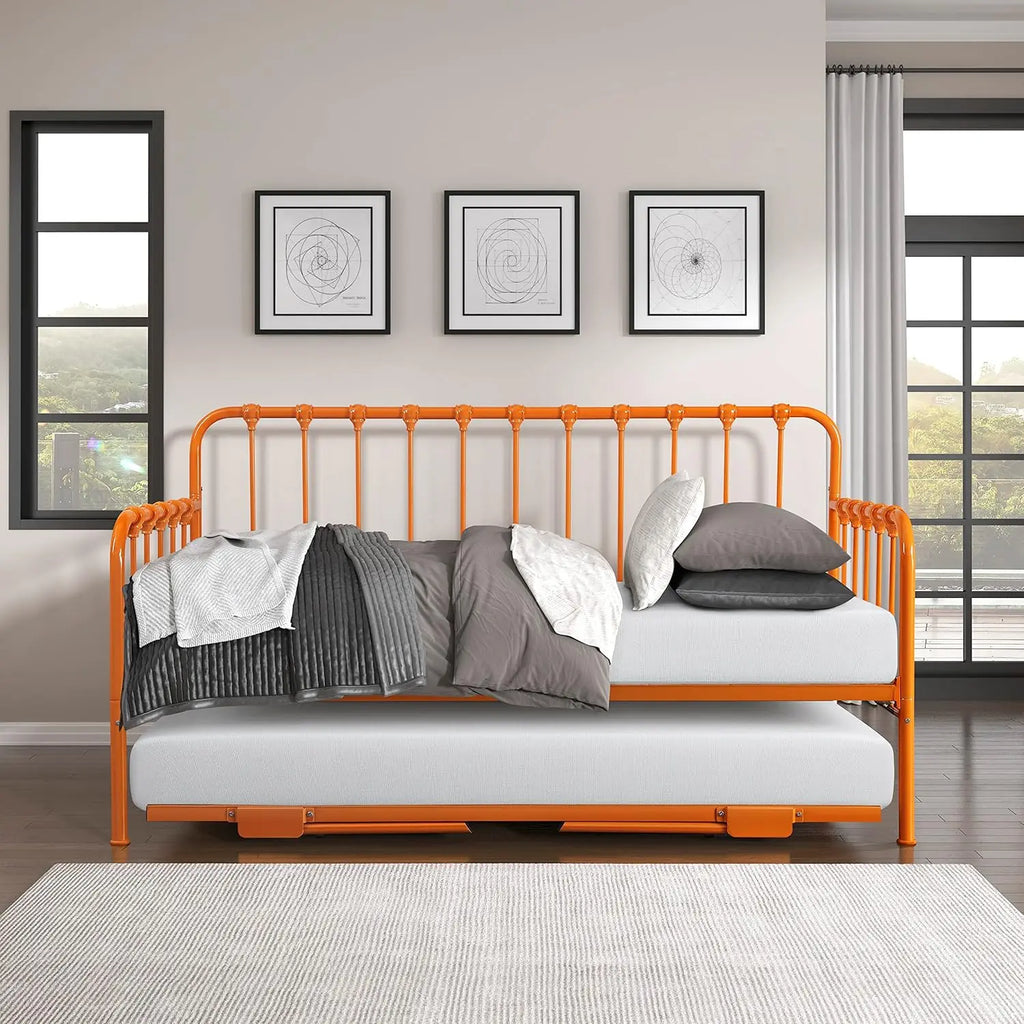 Twin Size Metal Daybed with Trundle and Steel Slat Support, Easy Assembly, Multi-Functional Furniture