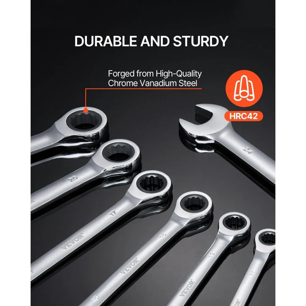 30-Piece Ratcheting Wrench Set with Organizer, Cr-V Steel, SAE 1/4 to 1 and Metric 8mm
