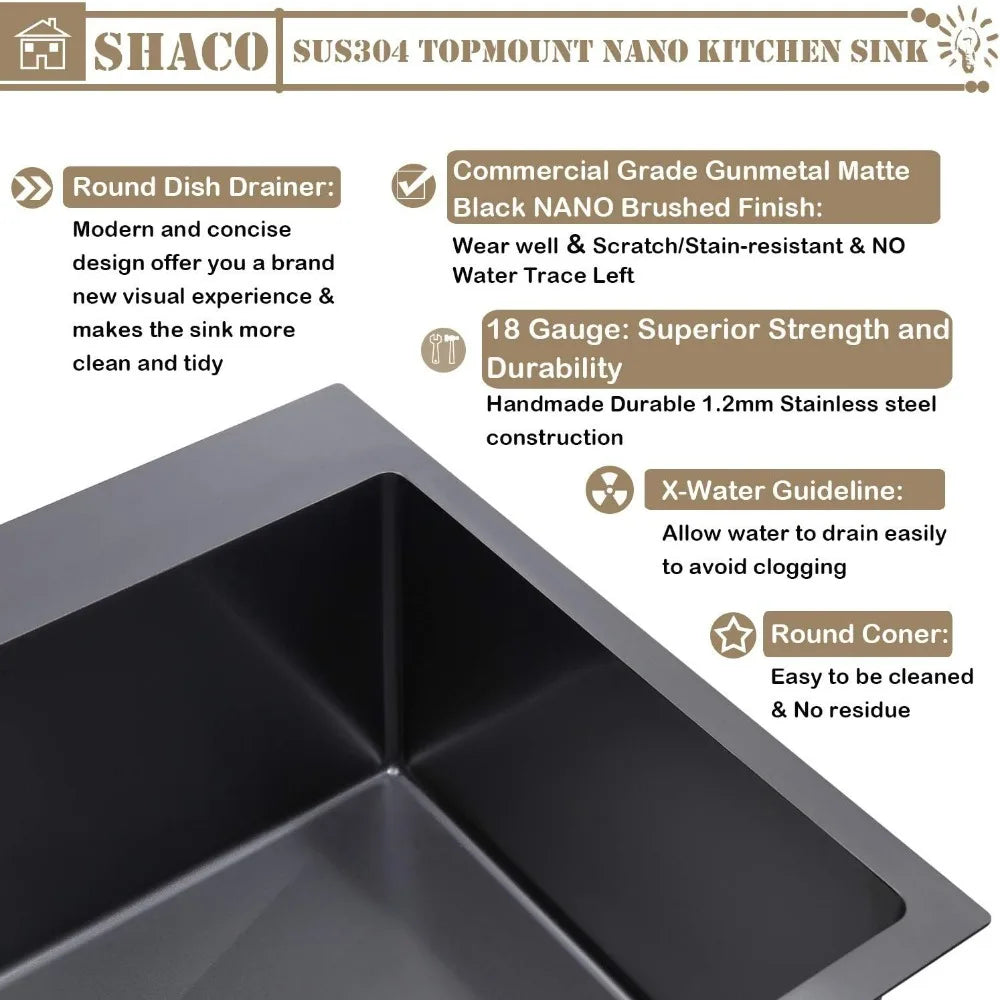 Large 33" Single Bowl Gunmetal Black Farmhouse Kitchen Sink, 33x22 Top Mount Design, 16 Gauge SUS304 Stainless Steel