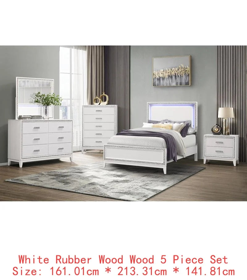 White 5-Piece Queen Bedroom Set with Bed, Dresser, Nightstands, and Mirror