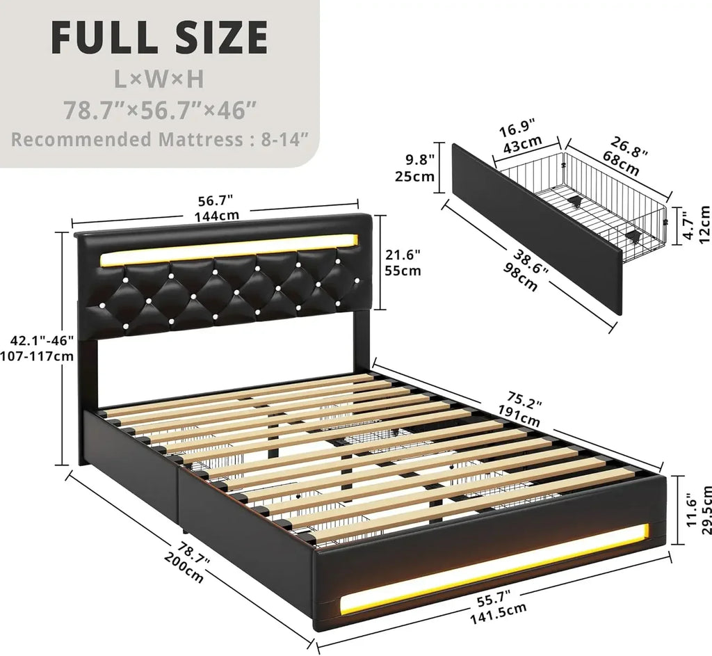 Full Size Bed Frame with LED Light, Leather Platform Bed Frame