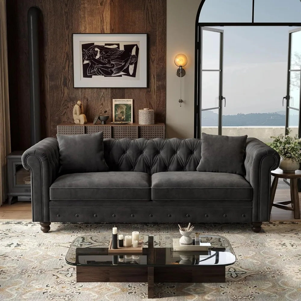 82 Inch Chesterfield Sofa, 23 Inch Deep Seat Velvet Couch for Living Room, Button Tufted Couch with Rolled Arms, 2 Throw Pillows