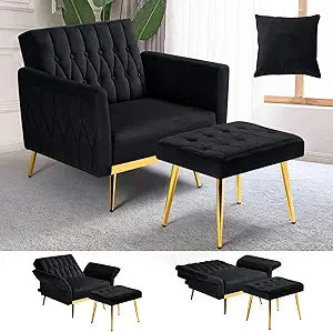 Upholstered Reclining Chair/Ottoman with Adjustable Armrests and Back, Button-Tufted Relaxation Seat