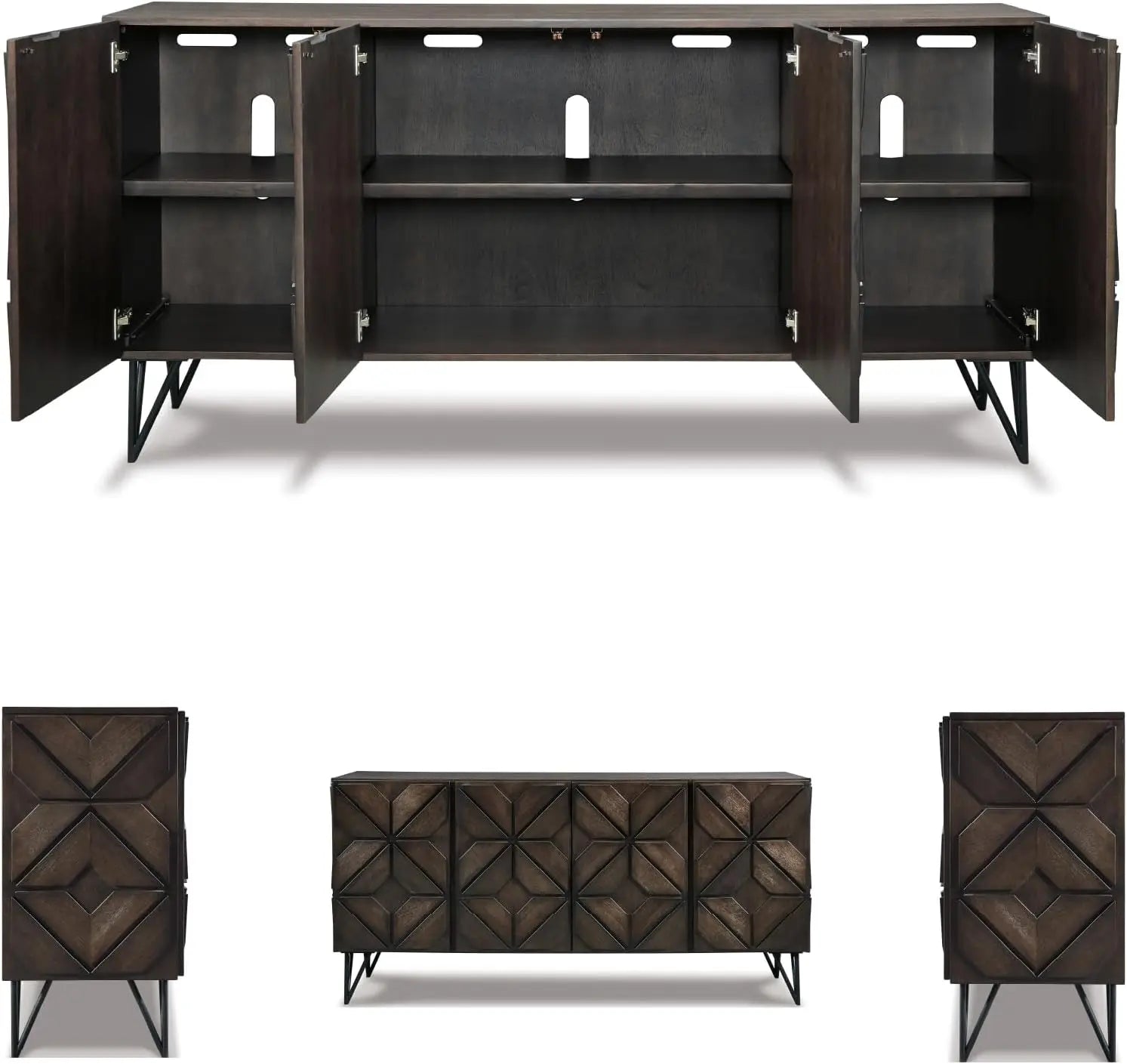 Urban Geometric Design TV Stand Fits TVs up to 70", 4 Cabinet Doors and 3 Adjustable Storage Shelves