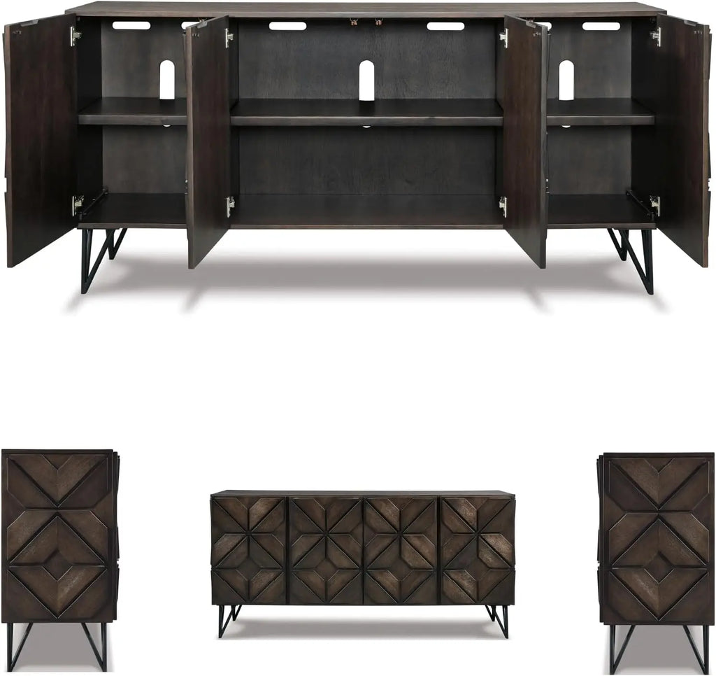 Urban Geometric Design TV Stand Fits TVs up to 70", 4 Cabinet Doors and 3 Adjustable Storage Shelves