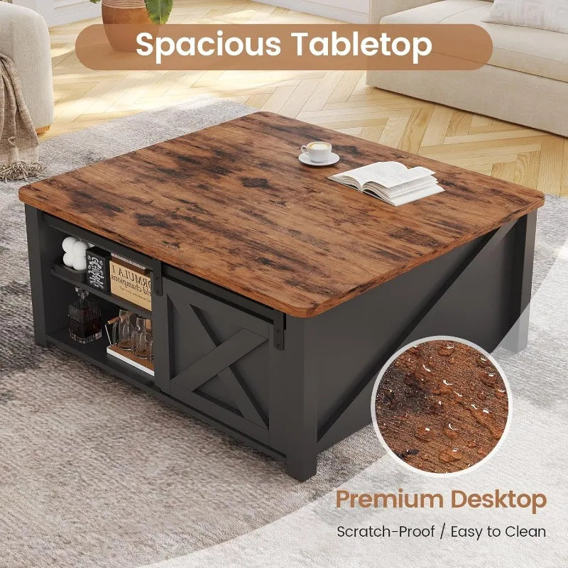 31.5" Lift Top Coffee Table with Storage, Square Coffee Tables for Living Room, Farmhouse Coffee Table with Large Hidden