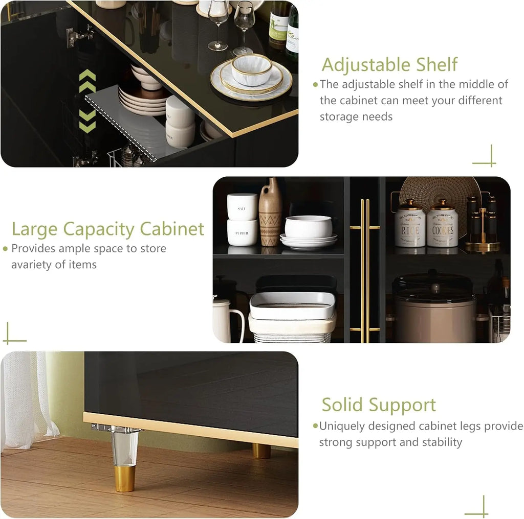 63" Sideboard Buffet Cabinet with Storage, Console Cabinets with Adjustable Shelves & Doors, High Glossy Black