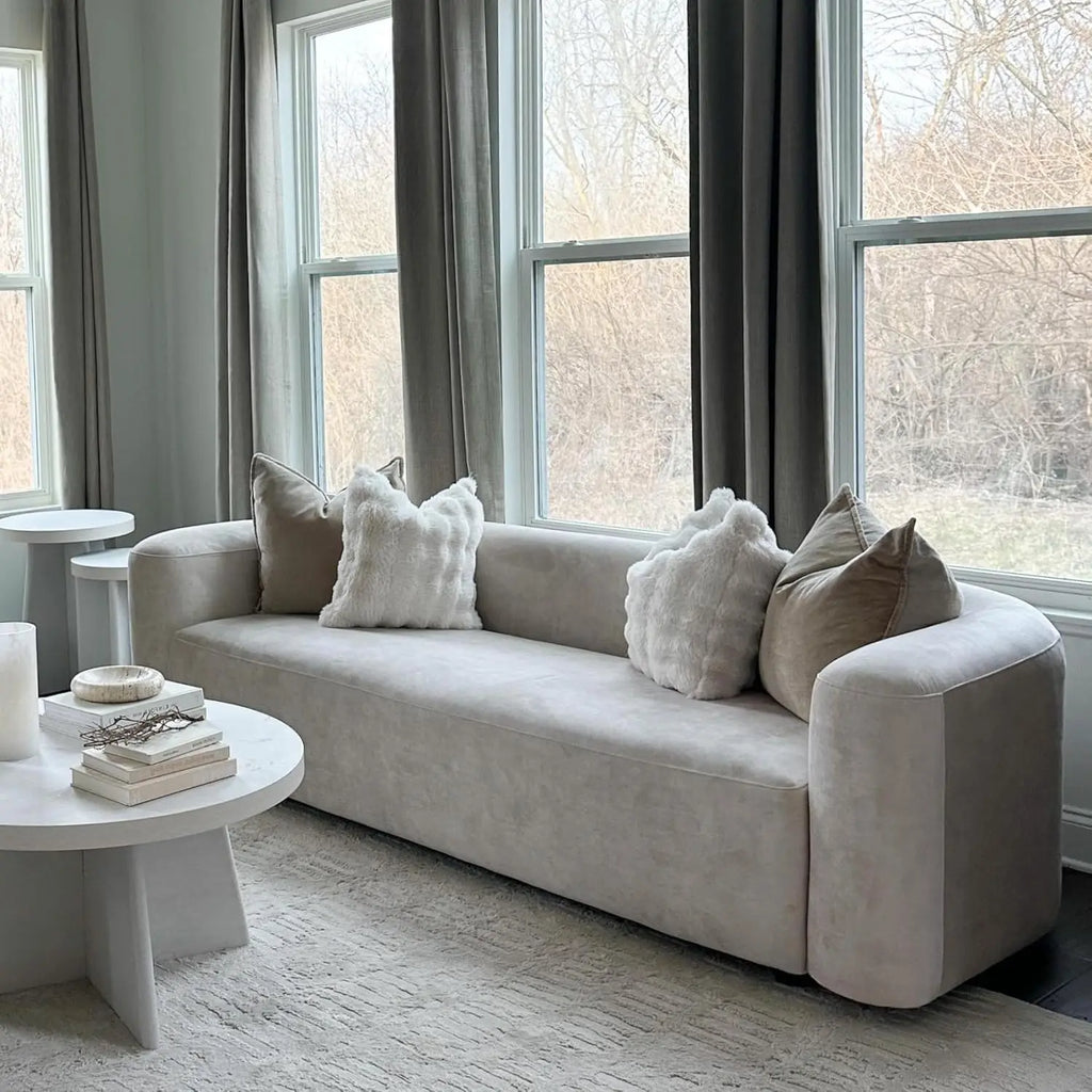 Luxury Modern Tight Curved Back Velvet Sofa, Minimalist Style Comfy Couch for Living Room Apartment, 3 Seater, Cream