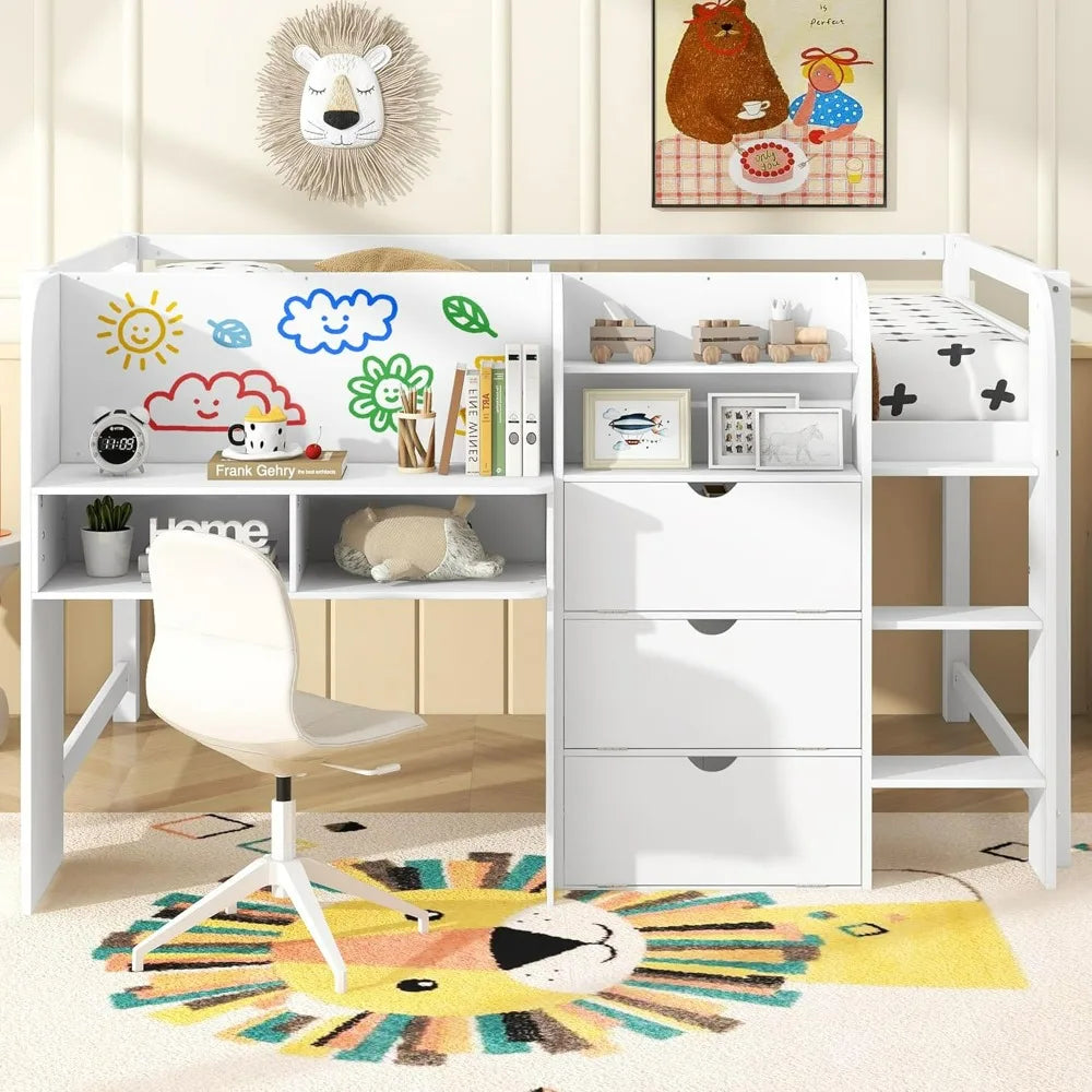 Modern Farmhouse Style Kids' Full Size Loft Bed with Desk, Storage, and Bookcase