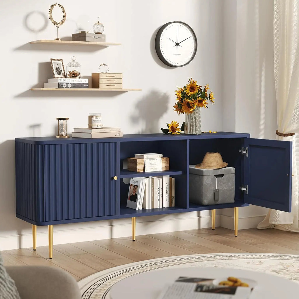 55” Fluted TV Stand, Mid Century Modern Blue TV Stand for 55/60/65 inch TV, Entertainment Center with Storage, Television