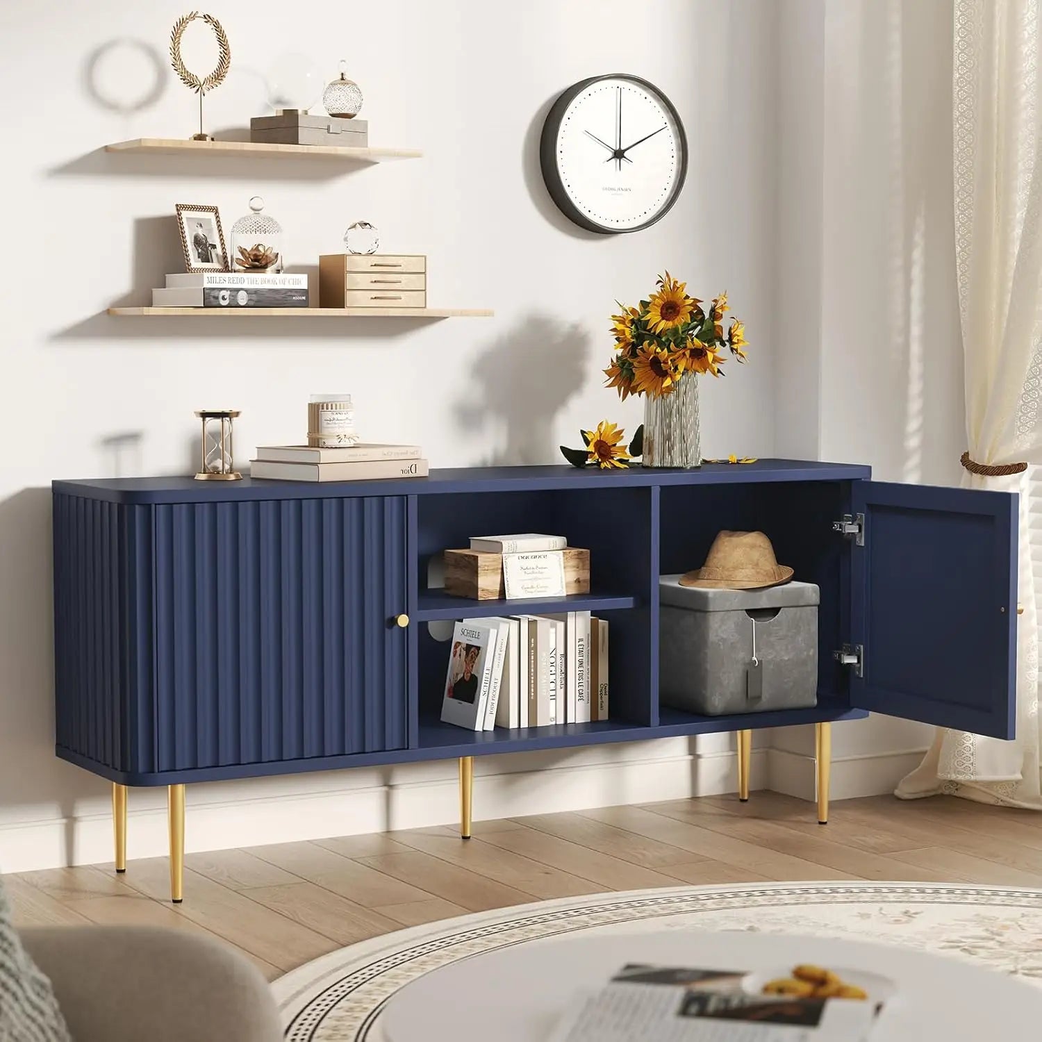 55” Fluted TV Stand, Mid Century Modern Blue TV Stand for 55/60/65 inch TV, Entertainment Center with Storage, Television