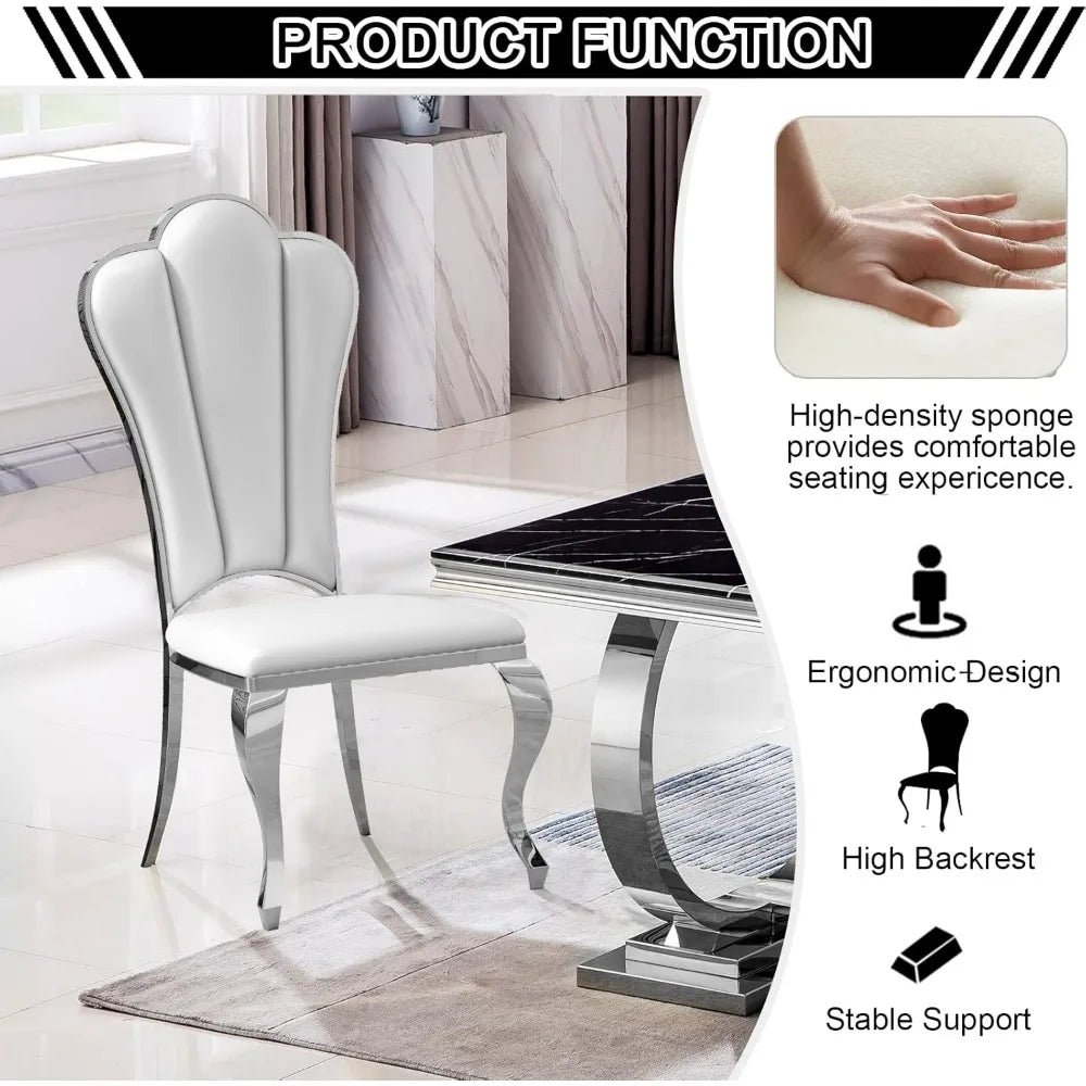 Modern Leather Dining Chairs Set of 2, Elegant Shell Shape Comfy Upholstered Dining Room Chairs w/Unique High Backrest Stainless