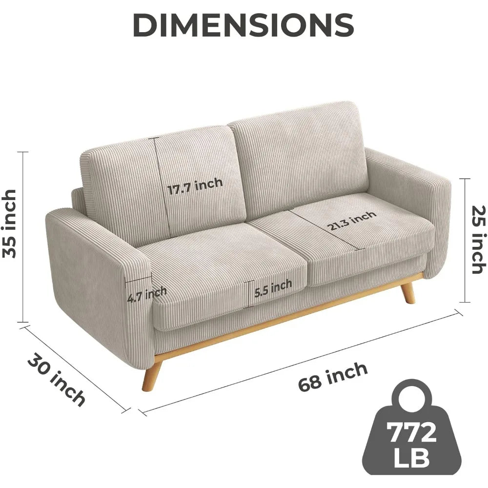 68" loveseat sofa light grey, comfy corduroy couch with spring cushion and solid wood, modern deep seat for bedroom, living roo