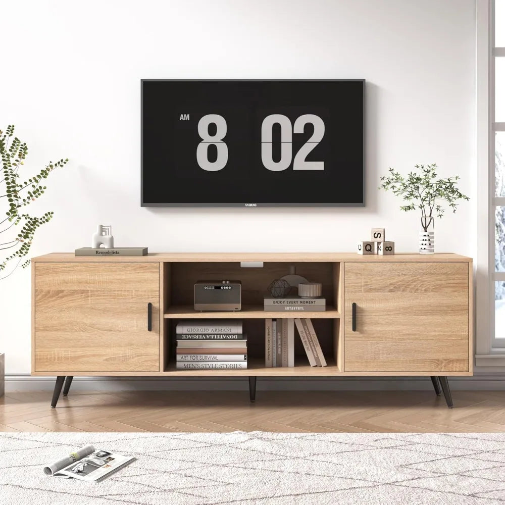 Mid Century Modern TV Stand 70" for 75" TV, Wood with Storage, Entertainment Center for Living Room & Bedroom,
