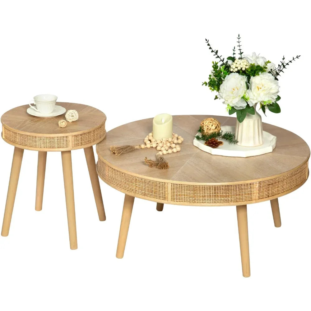 2-Piece Modern Rustic Coffee Table Set Solid Wood Finish Sofa Side Tea Tables with Crafted Rattan End Table