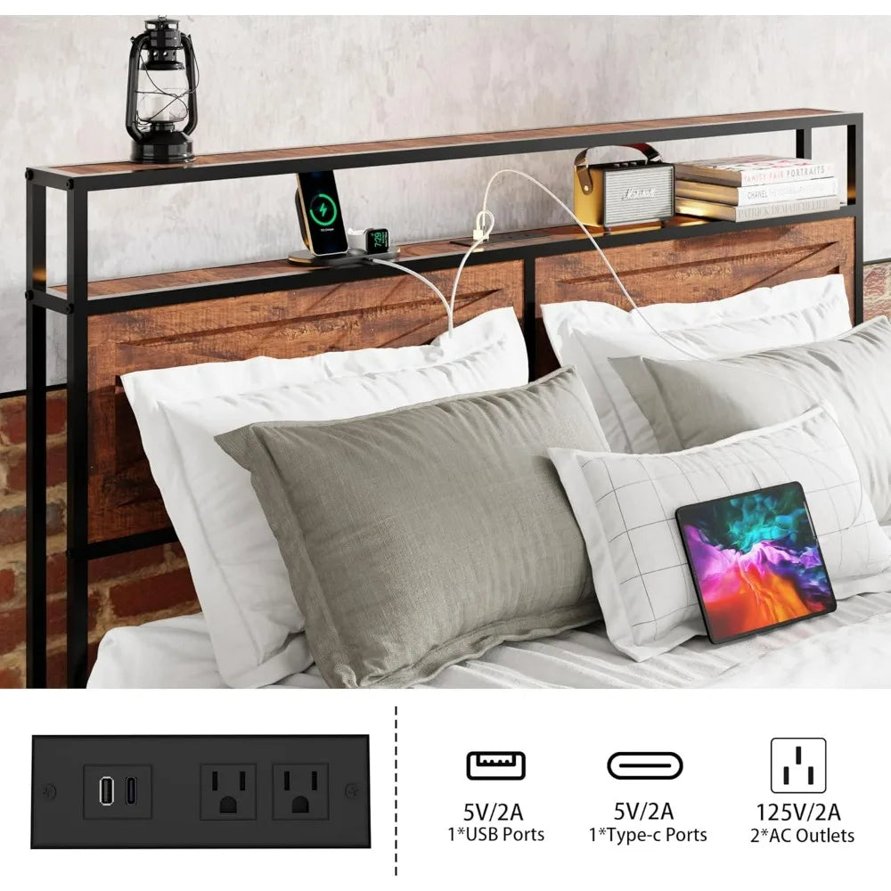 Queen Size Bed Frame with Storage, 12 Drawers, LED Lighting, Metal Slat Support Mattress Foundation