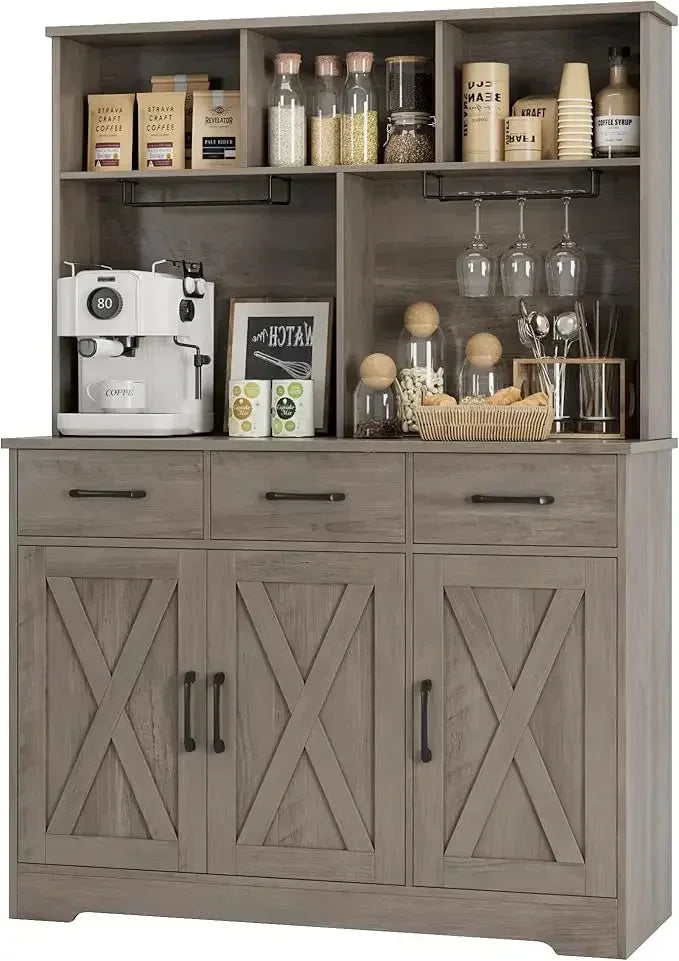 Buffet Cabinet with Hutch, Farmhouse Kitchen Buffet Sideboard Storage with 3 Drawers, Barn Door Coffee Bar Station/ Liquor