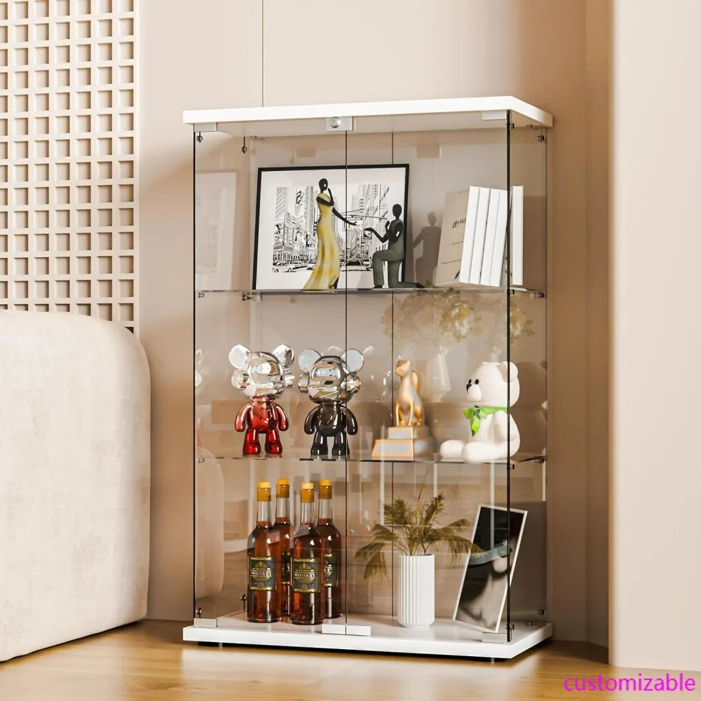 Glass Display Cabinet with Double Doors and Lock, Easy Assembly 3-Tier Curio Cabinet with 5mm Tempered Glass Floor