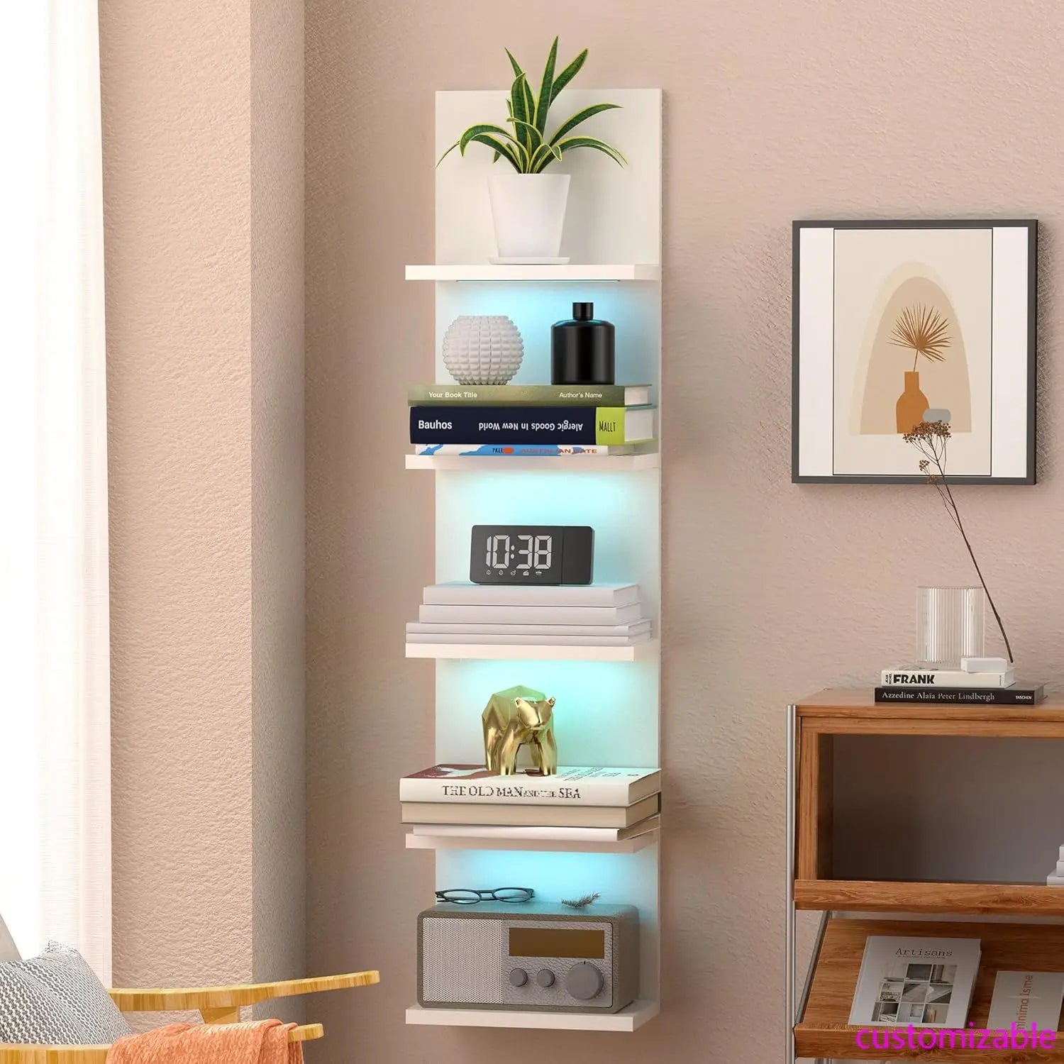 5-Tier Wall Shelf Unit with RGB Light, Floating Shelf for Wall Storage, Wall Mounted Vertical Display Shelf for Any Room