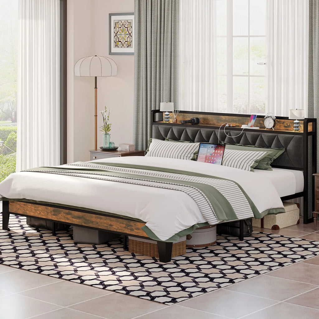 ANCTOR Twin-XL/Full/Queen/King Bed Frames, Storage Headboard with Outlets, No Noise, No Box Springs Needed