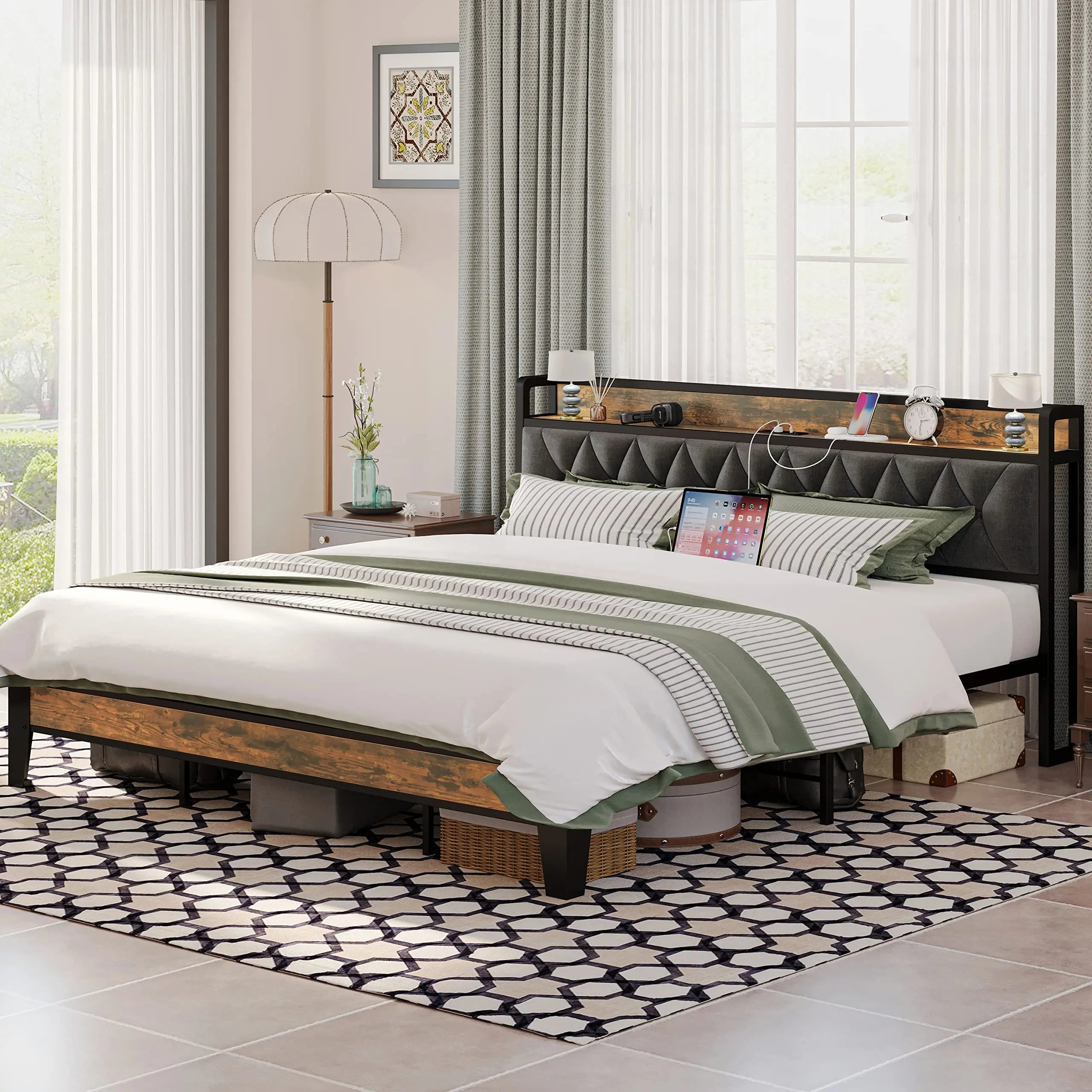 ANCTOR Twin-XL/Full/Queen/King Bed Frames, Storage Headboard with Outlets, No Noise, No Box Springs Needed