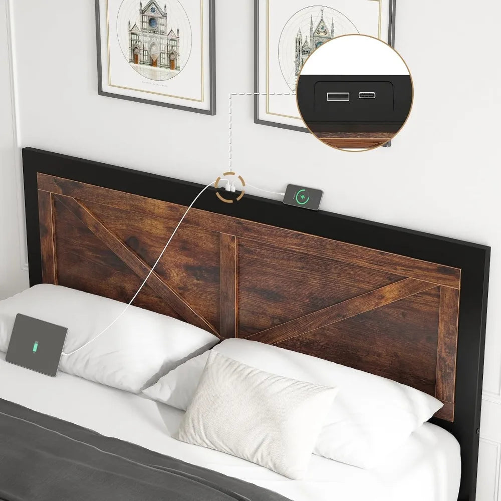 Led Bed Frame Queen Size with Charging Station, with Rustic Barn Door Wood Headboard